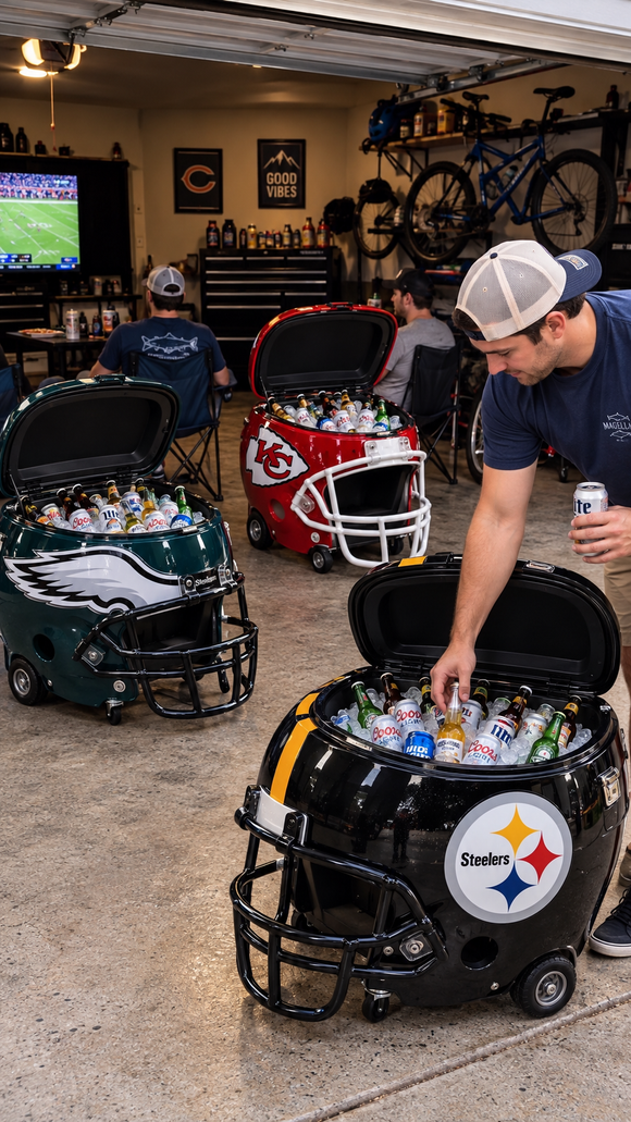 NFL Cooler Helmet filled with ice and beverages at a tailgate party