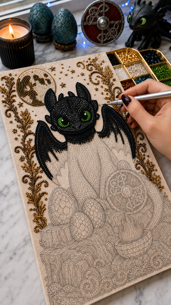Close-up of a beaded dragon eye and the applicator pen